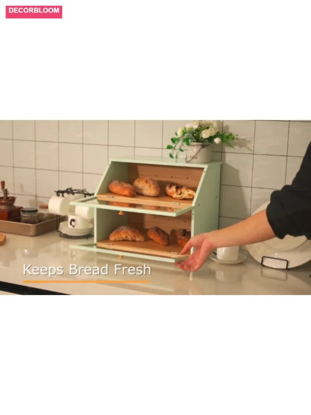 Double Layer Bamboo Bread Box with Clear Window, Large Capacity